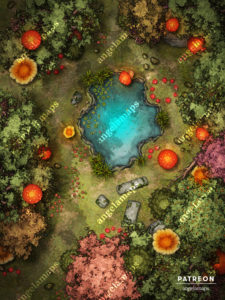 Mushroom forest with small pond battle map for D&D
