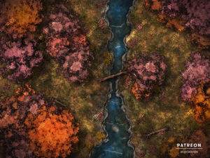 Forest river in autumn animated battle map for FVTT or other VTTs