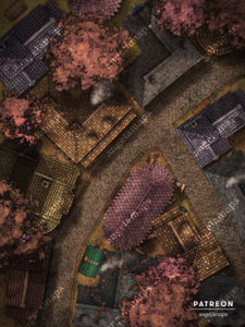 Narrow city street battle map for D&D and other TTRPGs - Autumn version
