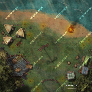 Midsummer festival battle map with a maypole, bonfire, and lots of food