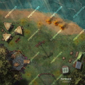 Midsummer festival battle map with a maypole, 3 wicker men, and lots of food