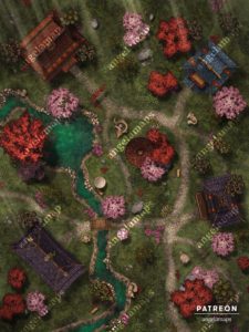 Eastern style village by the river - A battle map for TTRPGs