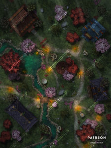 Eastern style village by the river at night - A battle map for TTRPGs