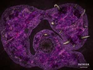 Flesh Dungeon with alien purple flesh grotesque ttrpg battle map