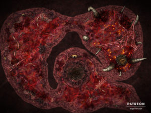 Flesh Dungeon with a skeletal throne grotesque ttrpg battle map