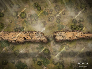 Crumbling path battle map over a large drop to a forest for TTRPGs