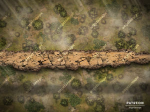 Crumbling path battle map over a large drop to a forest for TTRPGs