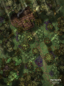 Hag hut in a lush forest, home of a witch, maybe an illusion battle map