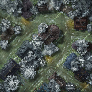 Battle map of a village or city street in winter