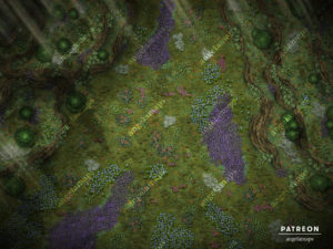 Beautiful TTRPG battle map of a valley, meadow, or field filled with flowers.