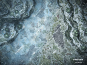 In the summer this is a beautiful field of flowers, but at the moment it's all covered in frost and snow and ice. A battle map for TTRPGs