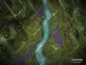 Battle map of a beautiful flower filled valley split with a peaceful river, for TTRPGs