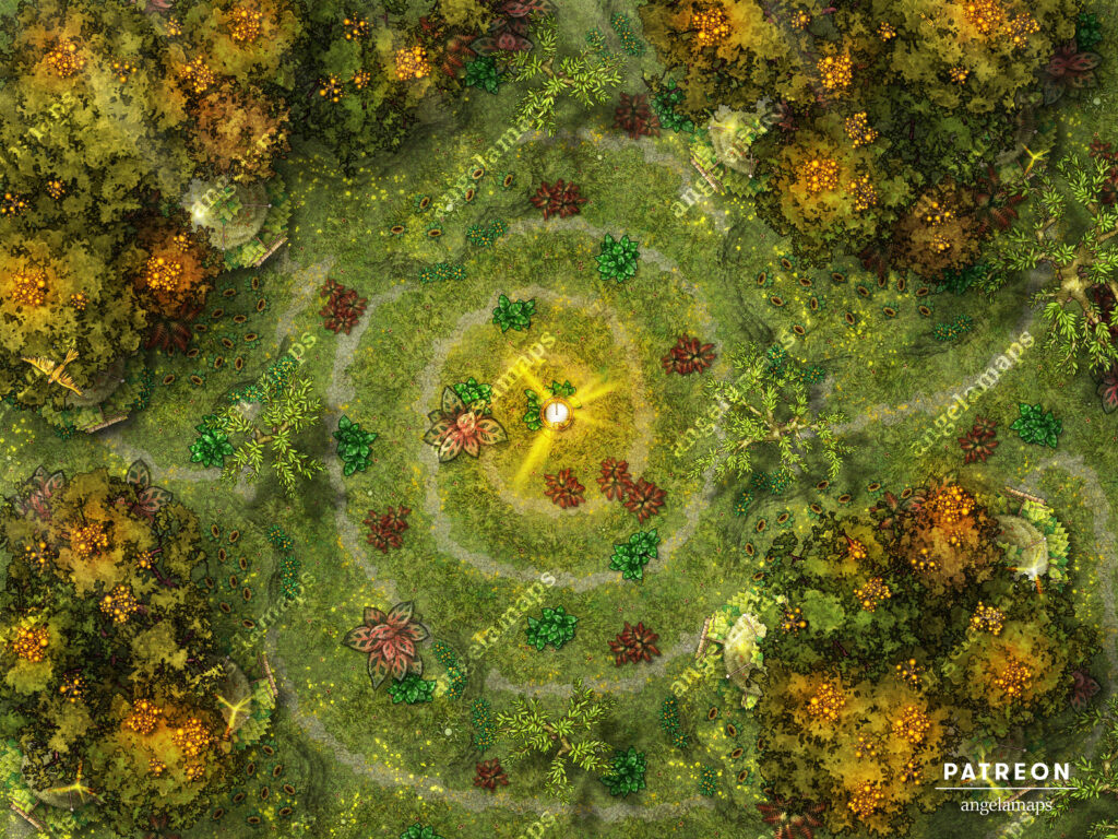 Grove of the sun druid grove battle map for D&D and other TTRPGs