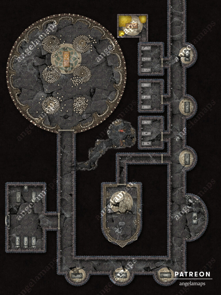 Ossuary in disrepair battle map for ttrpgs and setup for fvtt