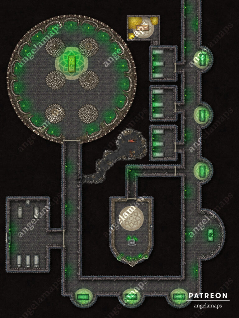 Ossuary with eerie green glow battle map for ttrpgs and setup for fvtt