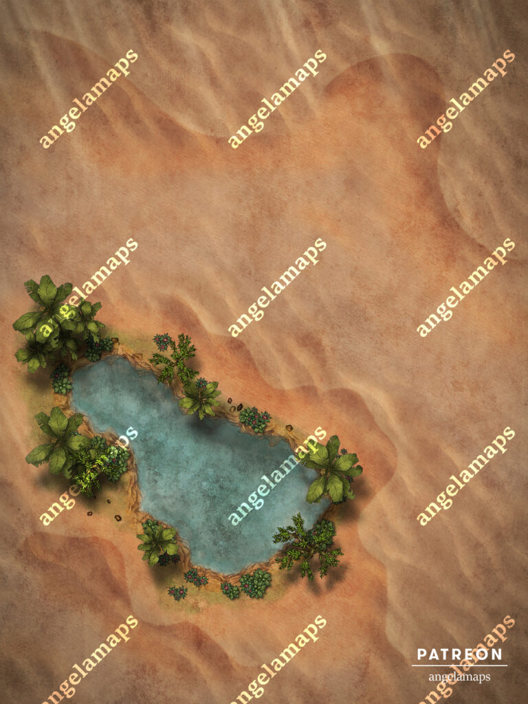 Desert oasis with camp battle map for TTRPGs