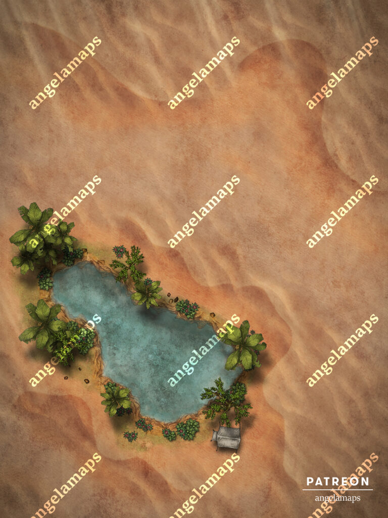Desert oasis battle map for TTRPGs