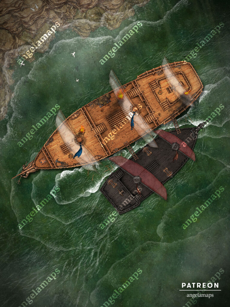Pirate ship boarding over green water battle map for TTRPGs