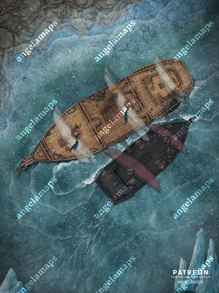 Pirate ship boarding in winter battle map for TTRPGs