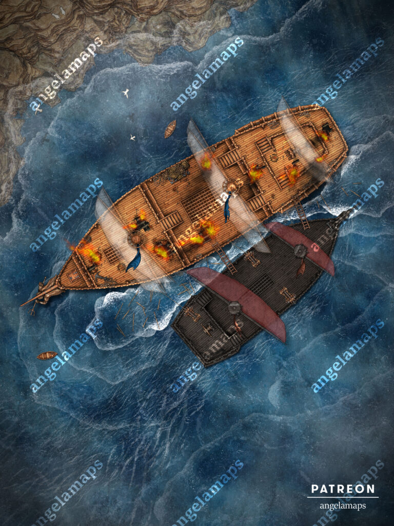 Pirate ship boarding battle map for TTRPGs