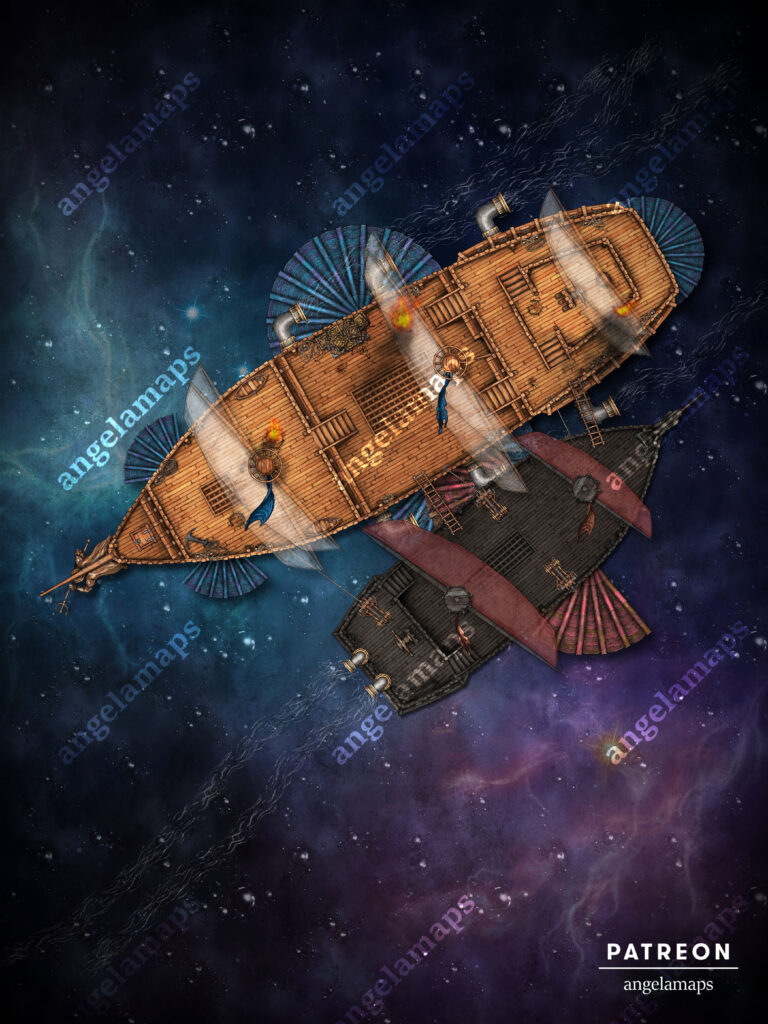 Pirate spelljammer space ship boarding battle map for TTRPGs