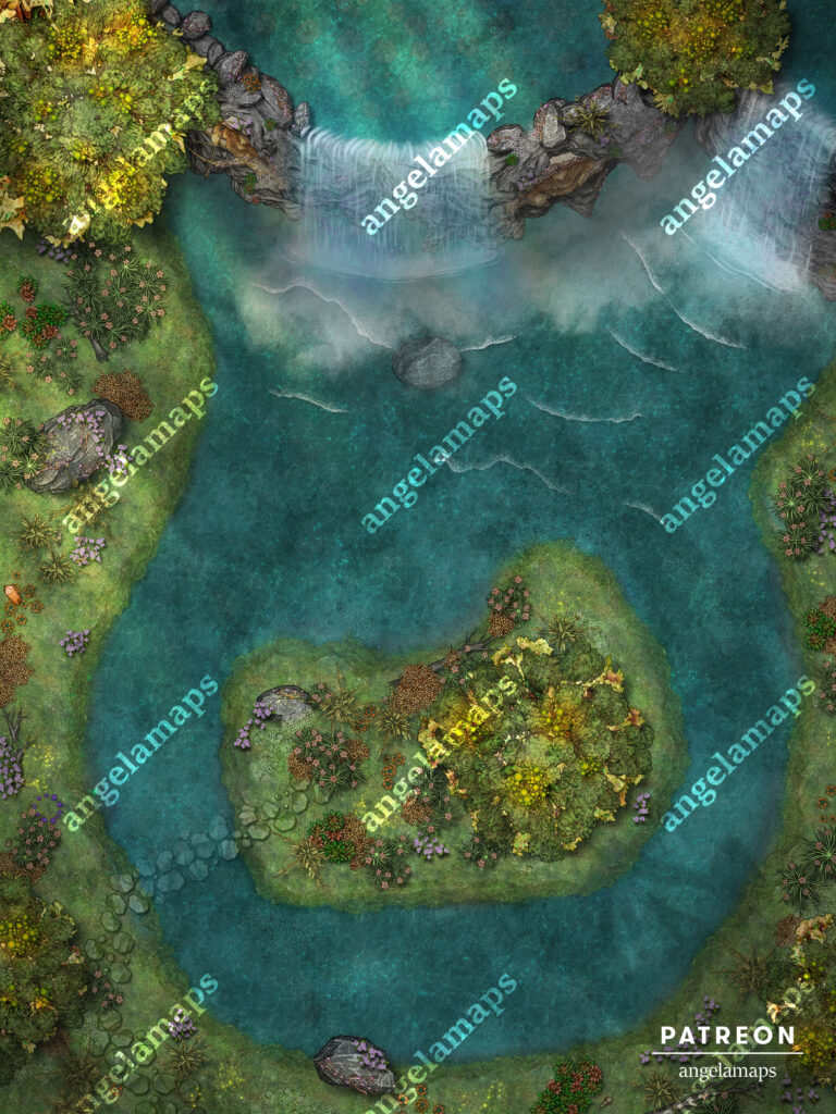 Elven lake battle map sunshine variant with waterfall for TTRPGs