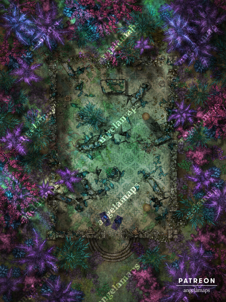 Magical fey jungle ruins TTRPG battle map