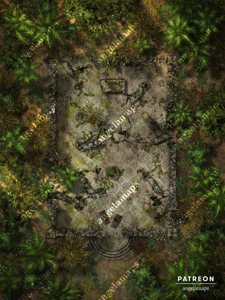 Ruins in a jungle battle map by Angela Maps for TTRPGs