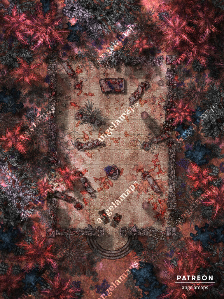 Gothic blood forest ruins battle map for TTRPGs