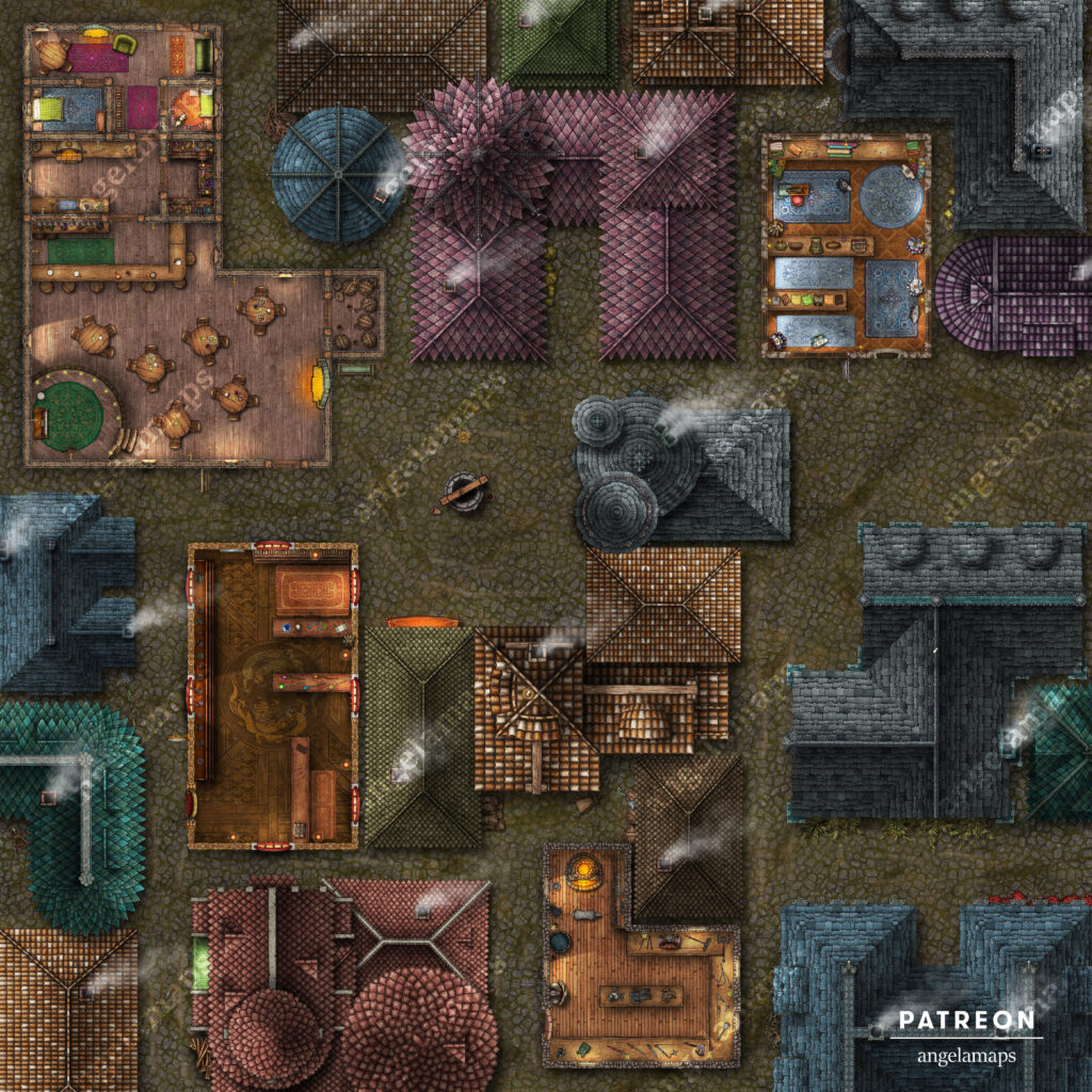 City battle map with narrow streets, alleys, three places to shop including a blacksmith, and an inn