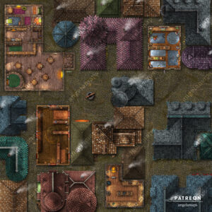 City battle map with narrow streets, alleys, three places to shop including a blacksmith, and an inn