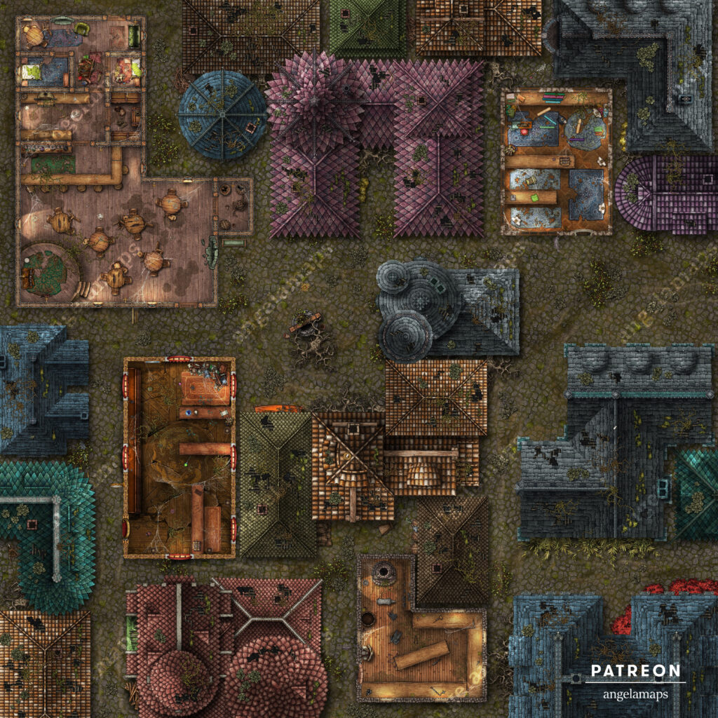 Destroyed city, retaken by nature battle map setup for FVTT by Angela Maps
