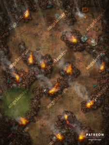 The Dump on fire- junkyard trash battle map for TTRPGs