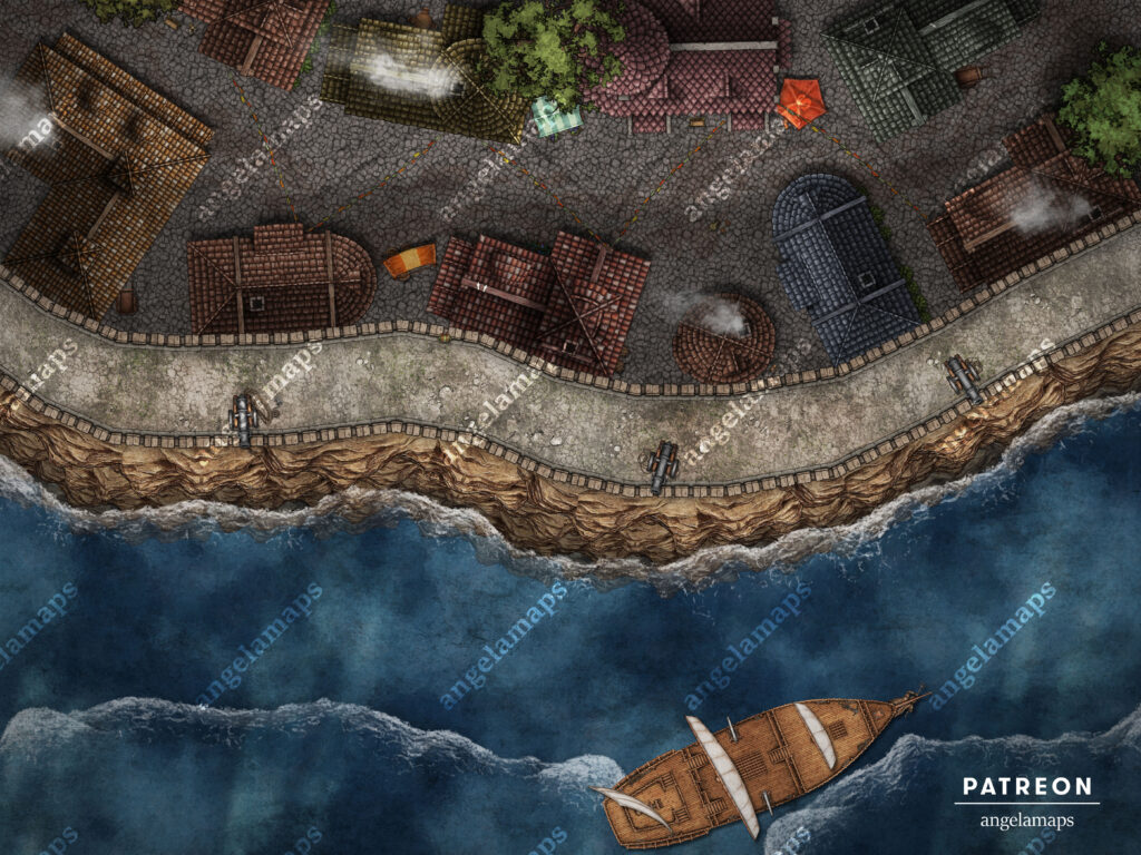 Seaside village with defense wall and cannons, ship attacking, battle map for TTRPGs
