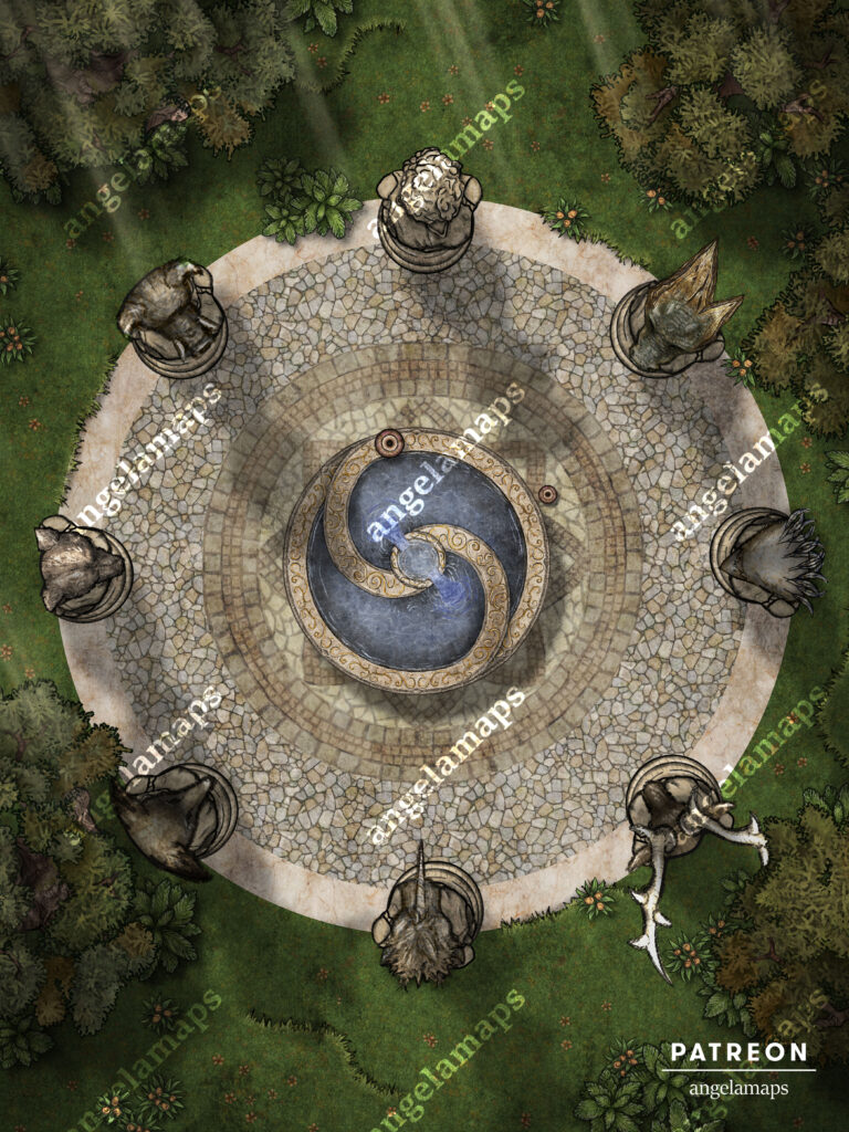Animal goddess shrine with a fountain in the center animated battle map pack for TTRPGs