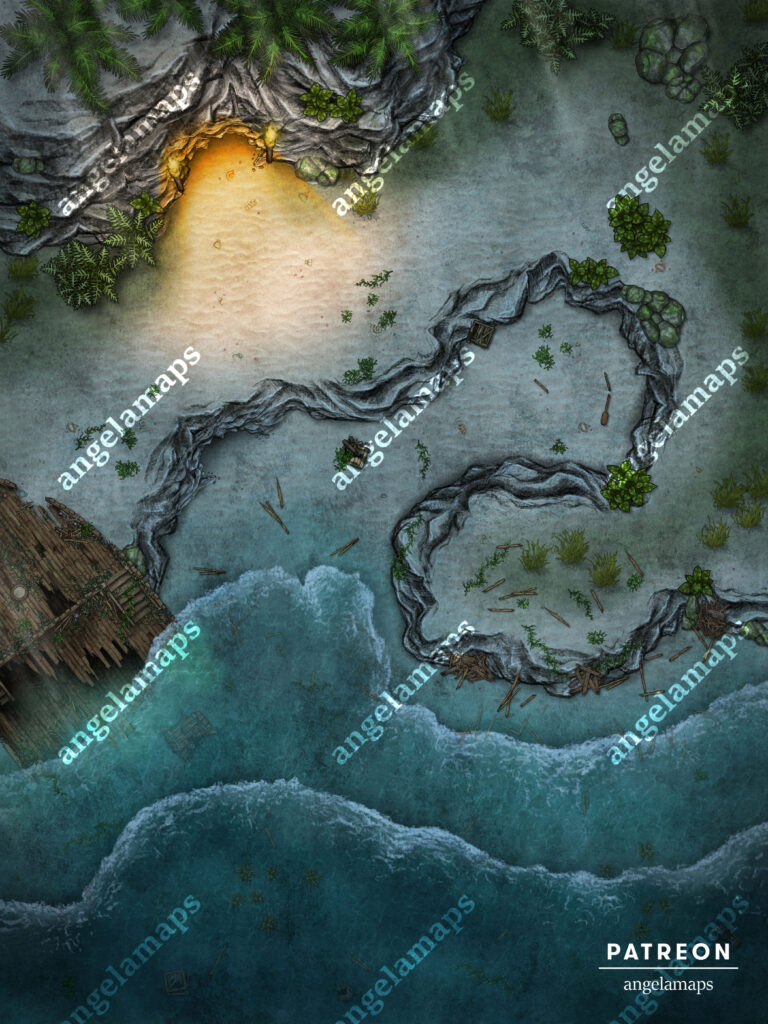 Animated battle map with a shipwreck on a beach near a cave