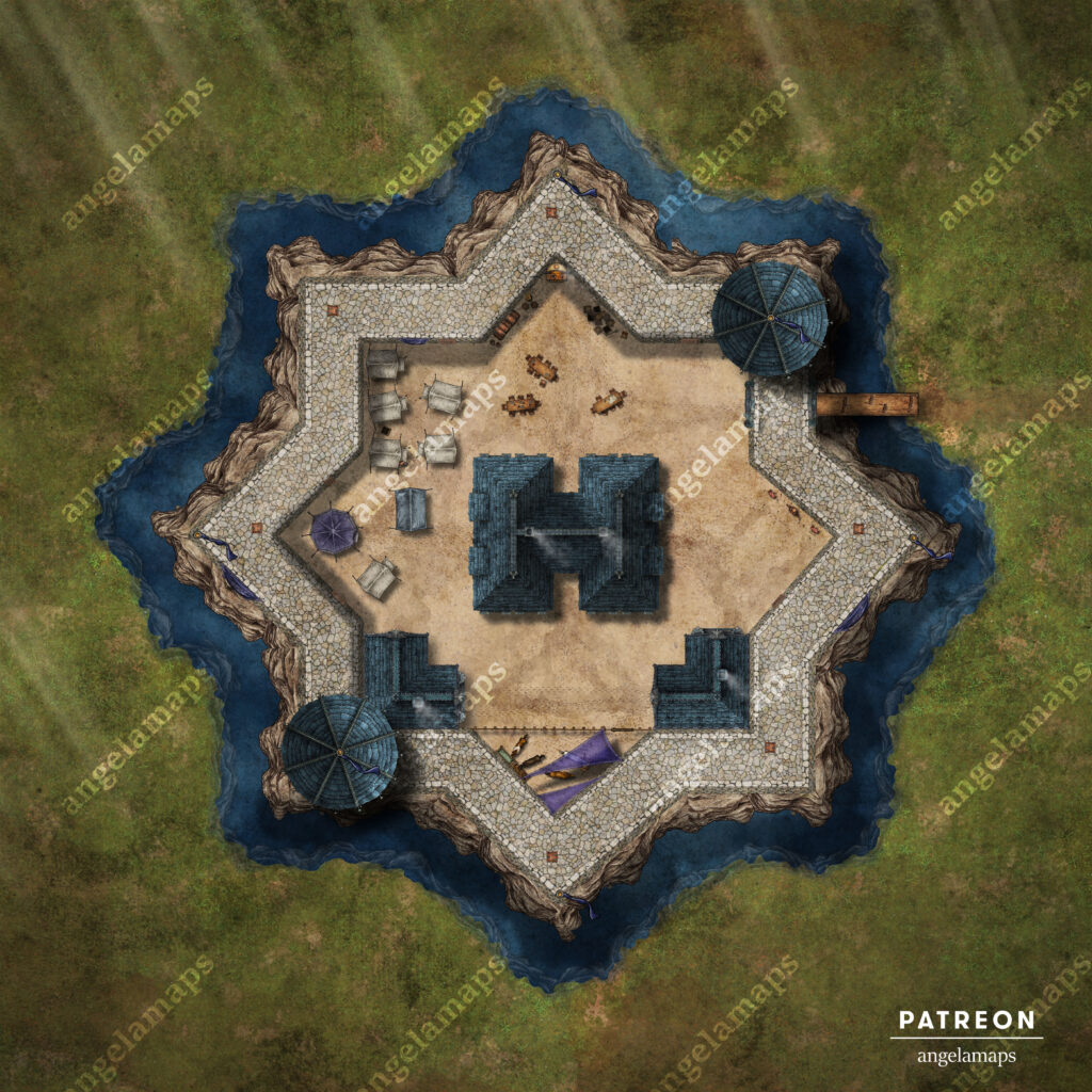 Star fort battle map with a star fort surrounded by a small moat for ttprgs