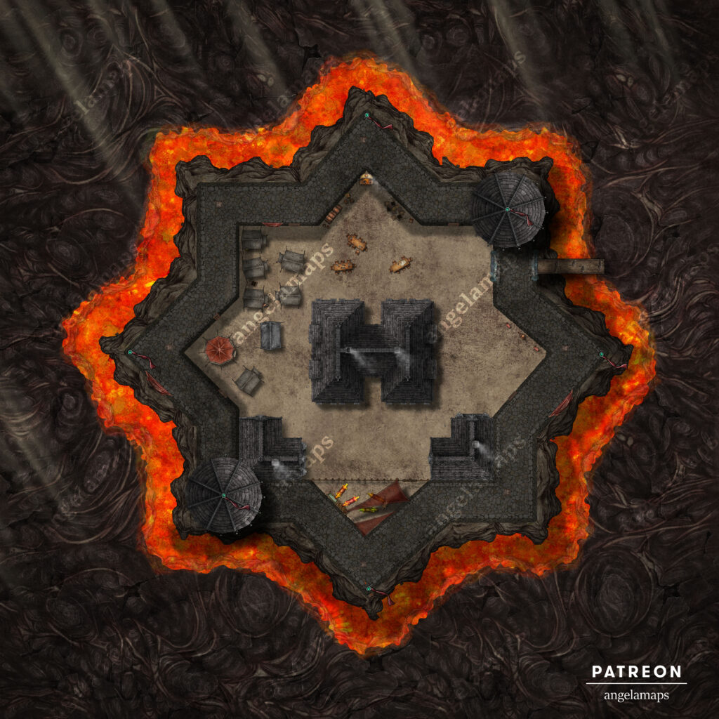 Star fort in hell surrounded by a lava moat battle map for ttrpgs