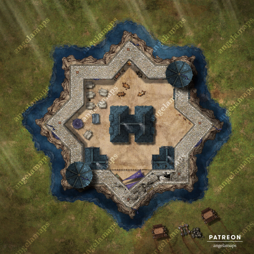 Star fort under siege with a small moat battle map for TTRPGs