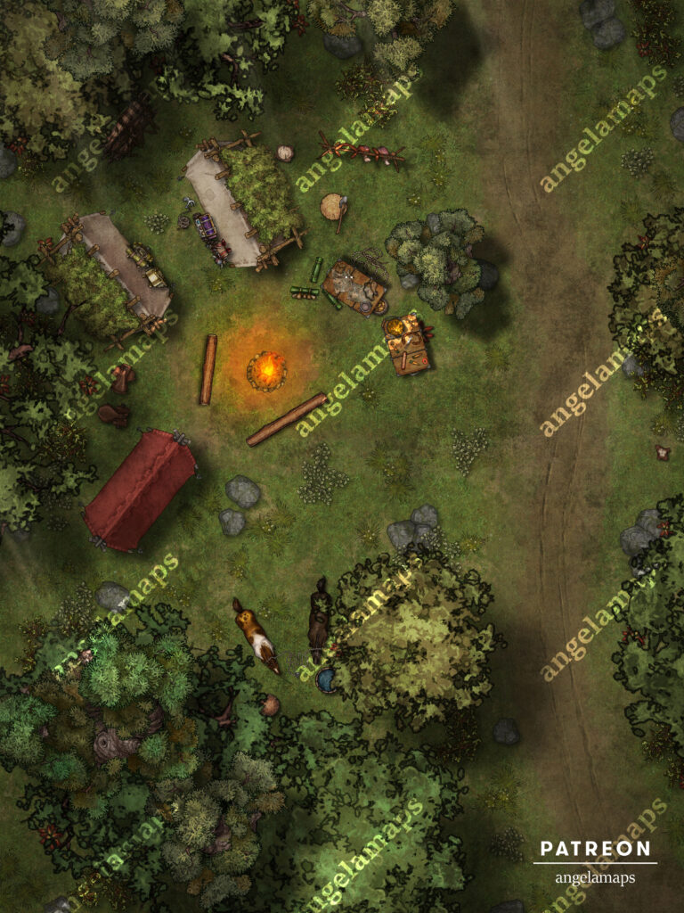 TTRPG battle map of a camp in the forest