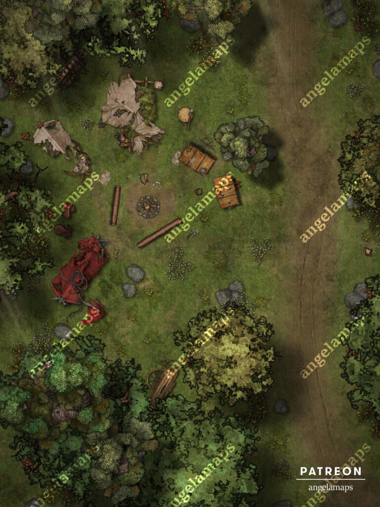 TTRPG battle map of an abandoned/destroyed camp in the forest