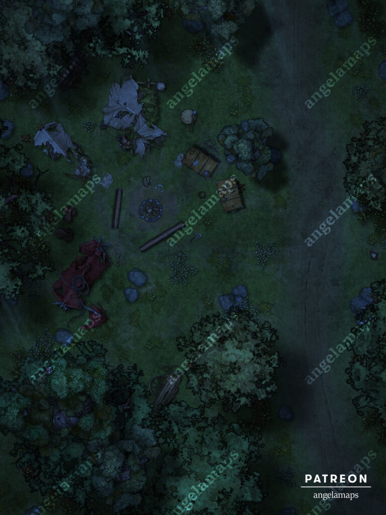 TTRPG battle map of an abandoned/destroyed camp in the forest