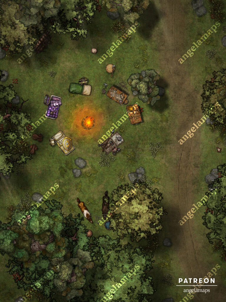 TTRPG battle map of a camp in the forest