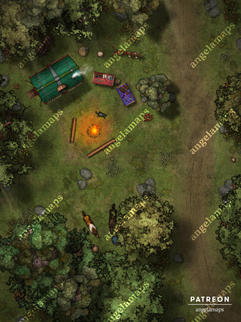 TTRPG battle map of a mysterious gypsy vendor in the forest