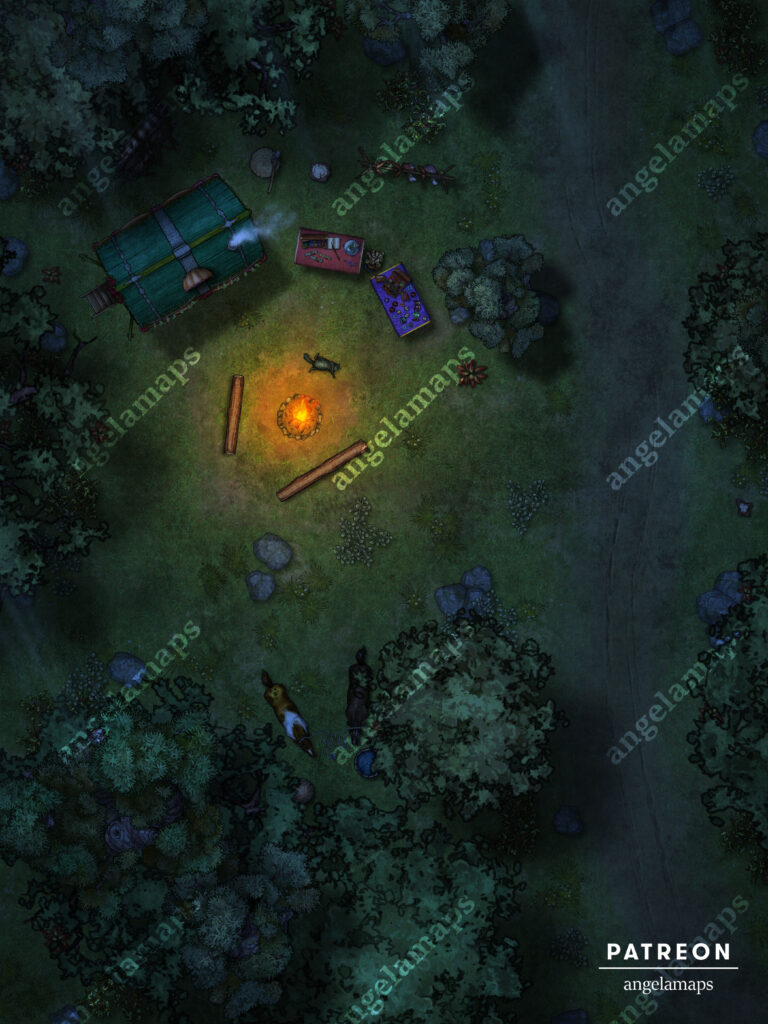 TTRPG battle map of a mysterious gypsy vendor in the forest