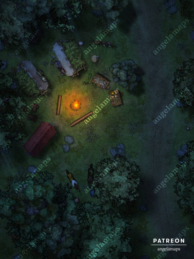 TTRPG battle map of a camp in the forest