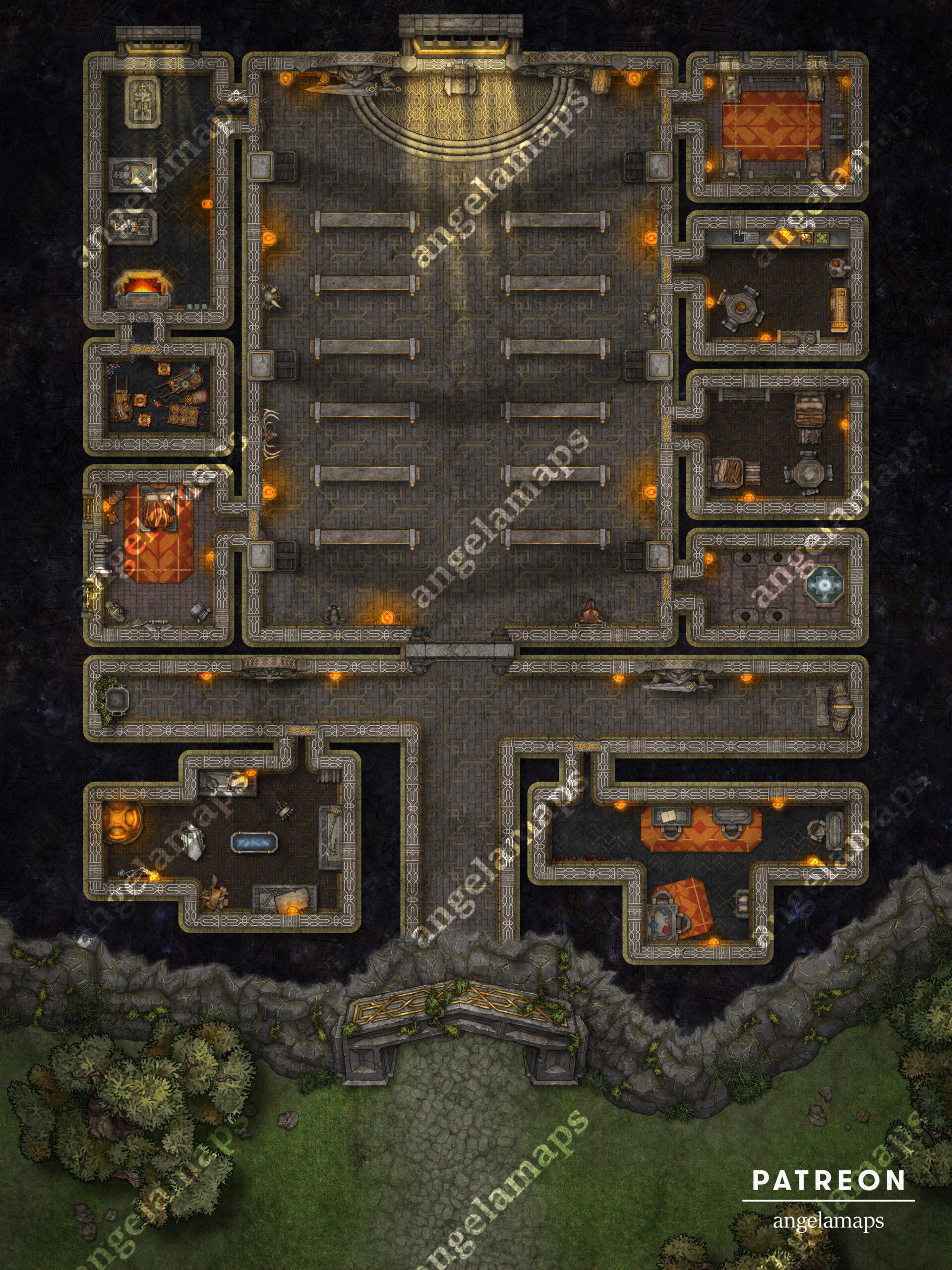 Dwarven Hall battle map of a dwarven fortress built into the side of a mountain