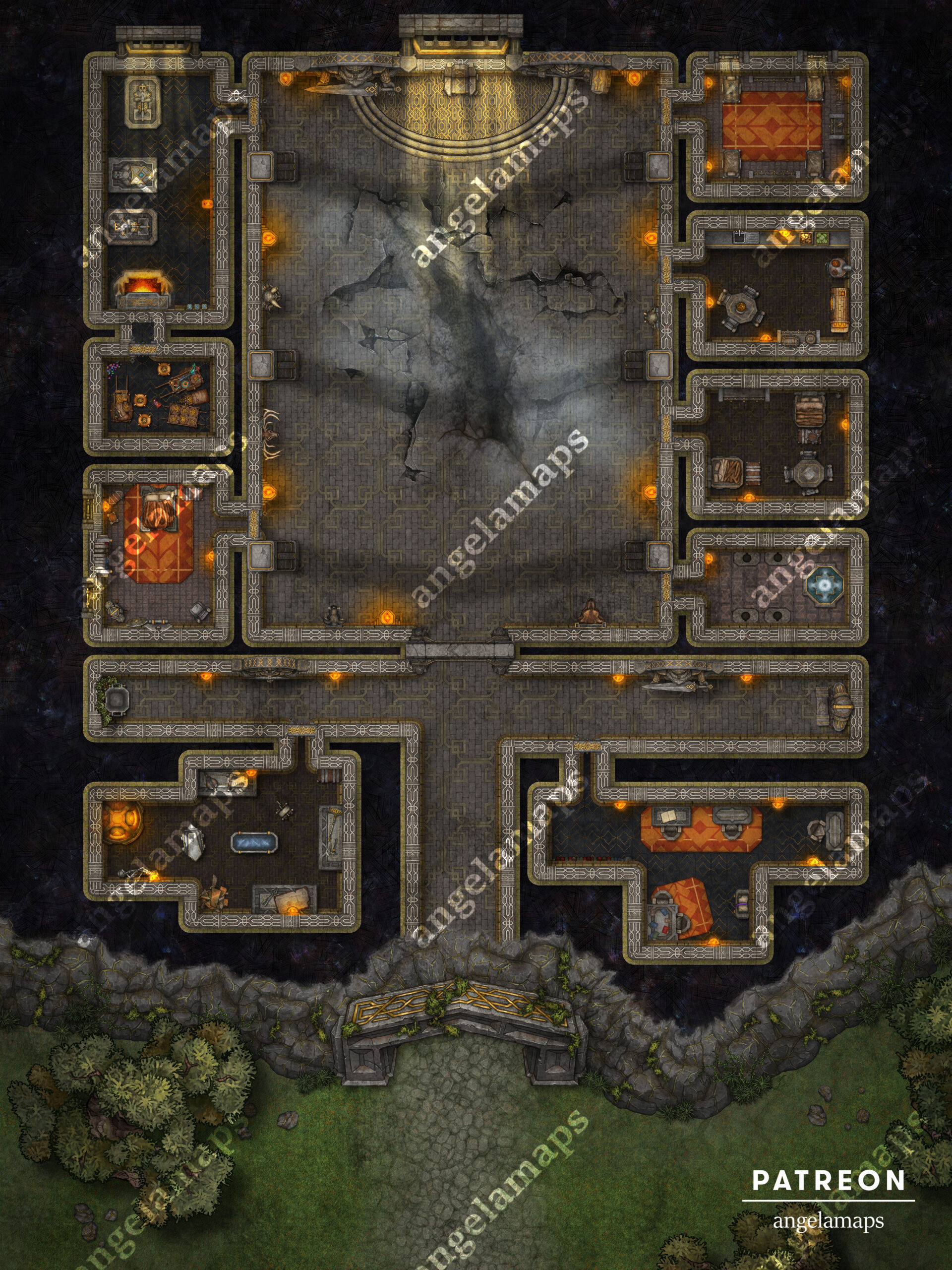 Dwarven Hall battle map of a dwarven fortress built into the side of a mountain