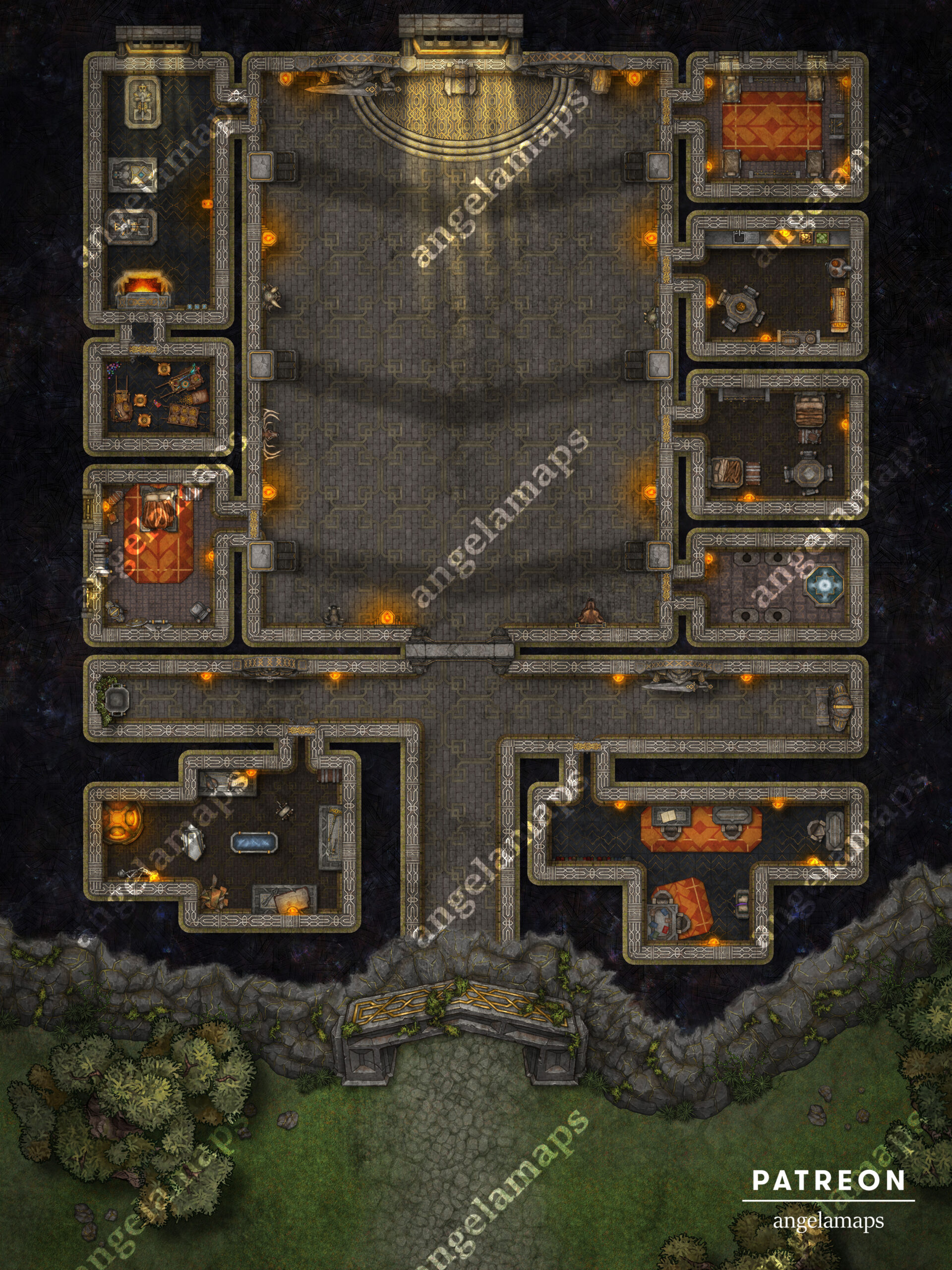 Dwarven Hall battle map of a dwarven fortress built into the side of a mountain