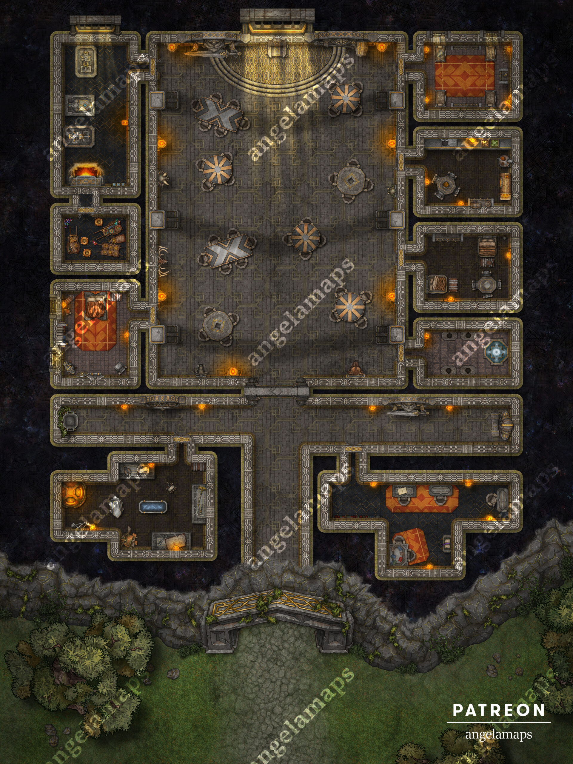 Dwarven Hall battle map of a dwarven fortress built into the side of a mountain